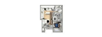 A 3D floor plan of a small apartment with a kitchen, living room, and bathroom.