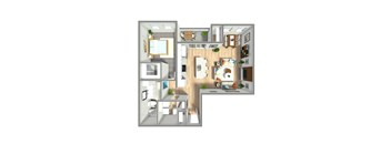 A 3D floor plan of a house with a kitchen, living room, and bathroom.