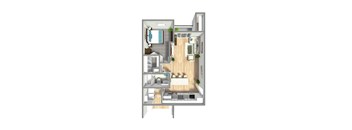 A 3D floor plan of a small apartment with a kitchen, living room, and bedroom.