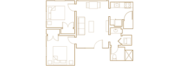 A floor plan of a house with a kitchen, living room, and bedrooms.