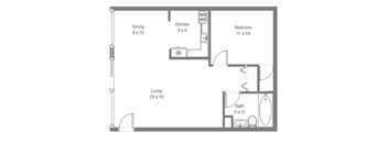 A floor plan of a small apartment with a living room, kitchen, bedroom, and bathroom.