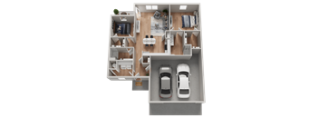 A top-down view of a house layout with two cars parked in the garage.