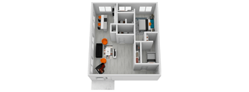 A top down view of a small apartment with a kitchen, living room, and bathroom.
