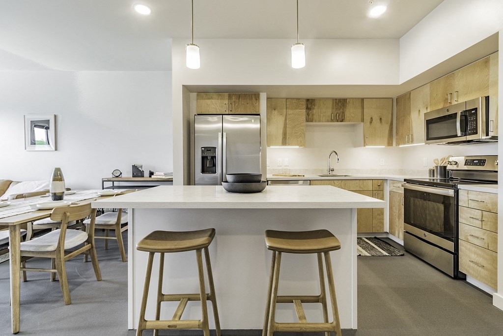 Studio, one and two bedroom apartment homes with stainless steel appliances, quartz countertops, backlit mirrors and large windows at 202 Railside in Springdale, AR