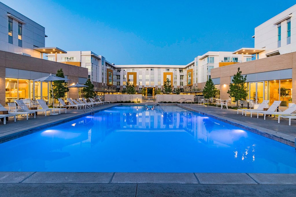 Sparkling pool and sundeck at Crystal Flats in Bentonville, AR