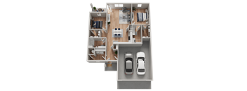 A top-down view of a house layout with two cars parked in the garage.