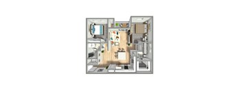 A 3D floor plan of a small apartment with a kitchen, living room, and bathroom.
