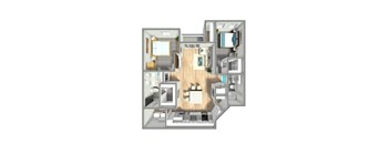 A 3D rendered image of a house layout.