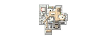 A 3D floor plan of a house with multiple rooms.