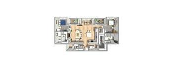 A 3D floor plan of a house with a kitchen, living room, and bedrooms.