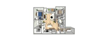 A 3D floor plan of a house with a kitchen, living room, and bathroom.