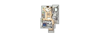 A floor plan of a house with a kitchen, living room, and two bedrooms.