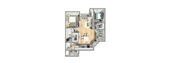 A 3D floor plan of a house with a kitchen, living room, and bedrooms.