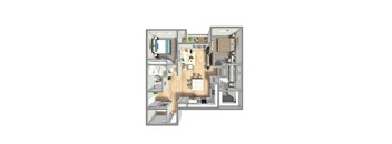 A floor plan of a house with a kitchen, living room, and bedrooms.
