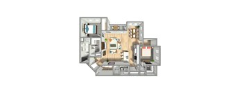 A 3D floor plan of a house with a kitchen, living room, and bedrooms.