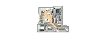 A 3D rendered image of a house layout.