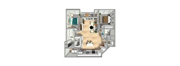 A 3D floor plan of a small apartment with a kitchen, living room, and bedroom.