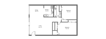 A black and white image of a floor plan for a house with a living room, kitchen, dining room, and two bedrooms.