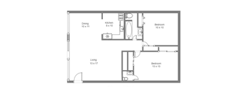 A floor plan of a house with a living room, dining room, kitchen, and two bedrooms.