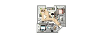 A 3D floor plan of a small apartment with a kitchen, living room, and bedroom.