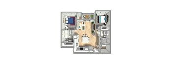 A 3D floor plan of a small apartment with a kitchen, living room, and bedrooms.