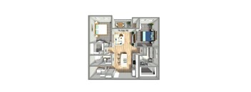 A 3D floor plan of a house with a kitchen, living room, and bedrooms.