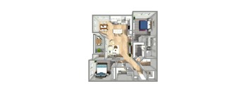 A 3D floor plan of a house with a kitchen, living room, and bedrooms.