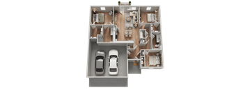 A 3D floor plan of a house with two cars parked in the garage.