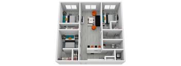 A top-down view of a small apartment with a kitchen, living room, and bedroom.