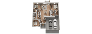 A 3D floor plan of a house with two cars parked in the garage.