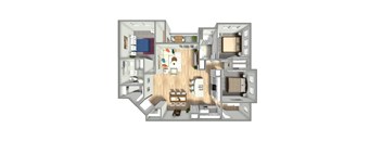 A 3D floor plan of a house with a kitchen, living room, dining room, and bedrooms.