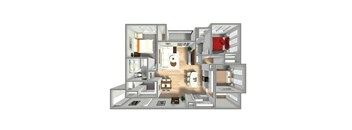 A 3D rendered image of a modern house layout.