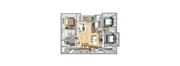 A 3D floor plan of a house with a living room, kitchen, dining room, and bedrooms.