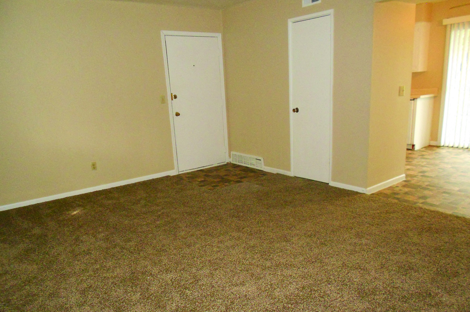 an empty living room with a carpeted floor and white doors