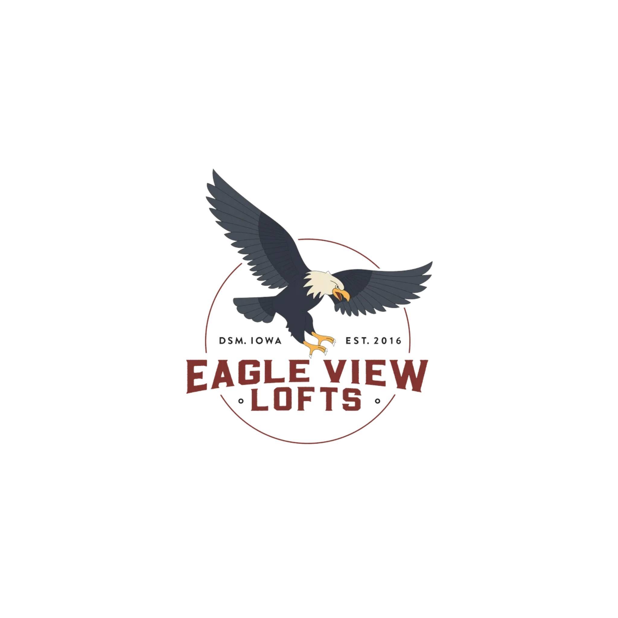 An eagle is flying in the logo for Eagle View Lofts in DSM, Iowa.