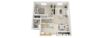 A small apartment with a kitchen, living room, and bathroom.