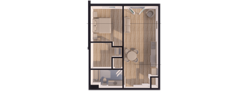 A 3D rendered image of a small apartment layout.