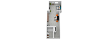 A white floor plan of a small apartment with a kitchen, living room, and bathroom.