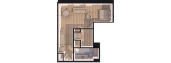 A 3D rendered image of a small apartment layout.