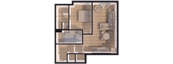 A 3D rendered image of a modern apartment layout.