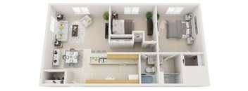 A top-down view of a small apartment layout with a kitchen, living room, and bathroom.