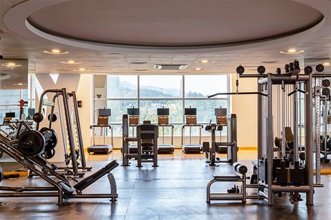 Fitness Center including a leg press machine.