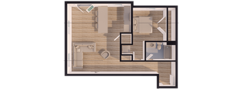 A 3D rendered image of a house layout.