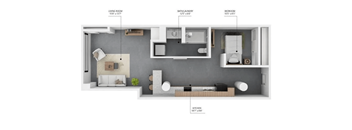 A diagram of a small apartment with a living room, bathroom, bedroom, and kitchen.