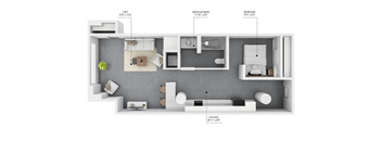 A floor plan of a small apartment with a loft, bathroom, bedroom, and kitchen.
