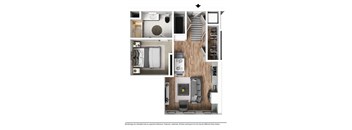 A floor plan of a small apartment with a kitchen, living room, and bathroom.