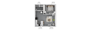 A diagram shows the layout of a small apartment with a kitchen, bathroom, bedroom, and breakfast area.
