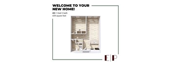 A 1 bedroom apartment with 654 square feet.