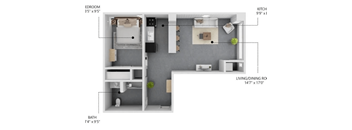 A diagram of a small apartment with a bedroom, kitchen, and bathroom.