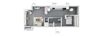A floor plan of a small apartment with a kitchen, living room, and bathroom.